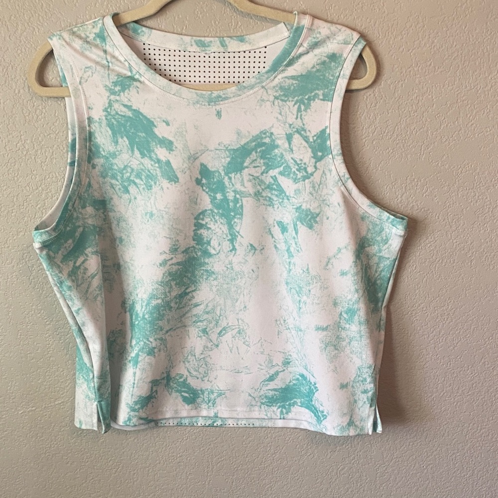 Women’s Sleeveless Tie-Dye Crop Tank Top - White & Aqua